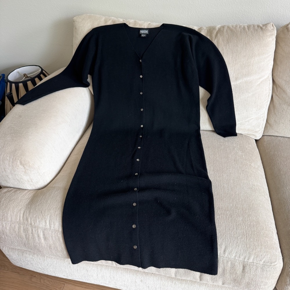 VTG Eileen Fisher Black 100% Wool Shell Button Front Duster Cardigan Large Knit